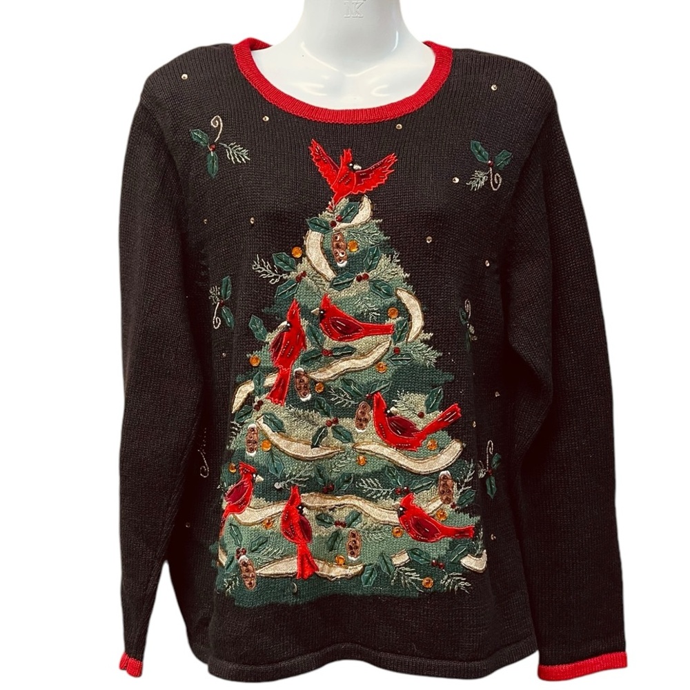 HEIRLOOM COLLECTIBLES Embroidered Sweater Christmas Tree Cardinals Beaded Small